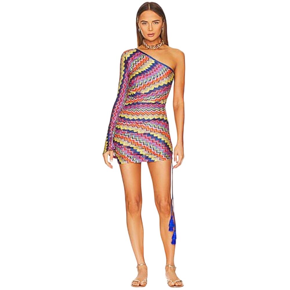 Alexis Revolve Devon Dress S One Shoulder Mini Sunrise Festival Tassel Rainbow